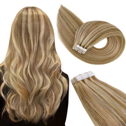 Extensions adhésives longues en cheveux naturels blond caramel ondulé pour femme