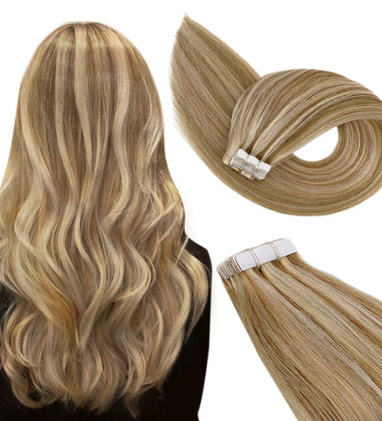 Extensions adhésives longues en cheveux naturels blond caramel ondulé pour femme