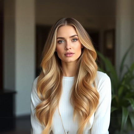 Extensions adhésives naturelles longues en blond caramel pour un look élégant