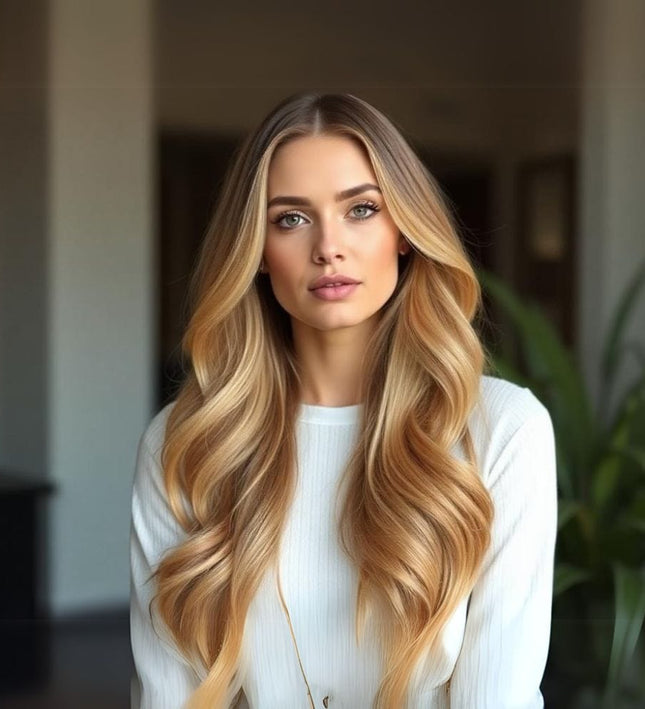 Extensions adhésives naturelles longues en blond caramel pour un look élégant