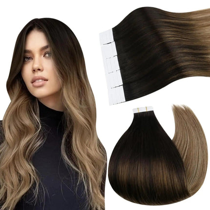 Extensions de cheveux longs adhésives en ombré brun et blond pour un effet naturel