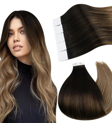 Extensions de cheveux longs adhésives en ombré brun et blond pour un effet naturel