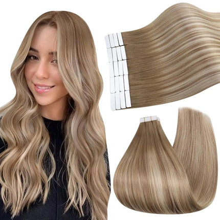 Extension adhésive longue en cheveux naturels blond cendré pour un look lisse et élégant