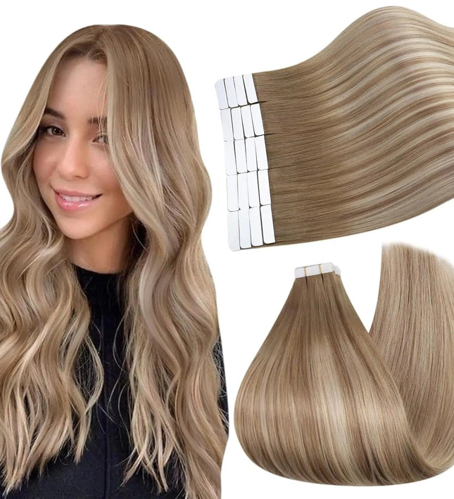 Extension adhésive longue en cheveux naturels blond cendré pour un look lisse et élégant