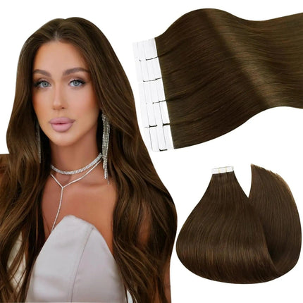 Extensions adhésives longues en cheveux naturels bruns pour un look chic et élégant.