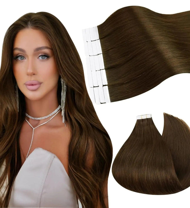 Extensions adhésives longues en cheveux naturels bruns pour un look chic et élégant.