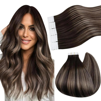 Extensions adhésives longues et naturelles en cheveux bruns ombrés pour un style élégant.