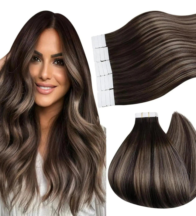 Extensions adhésives longues et naturelles en cheveux bruns ombrés pour un style élégant.