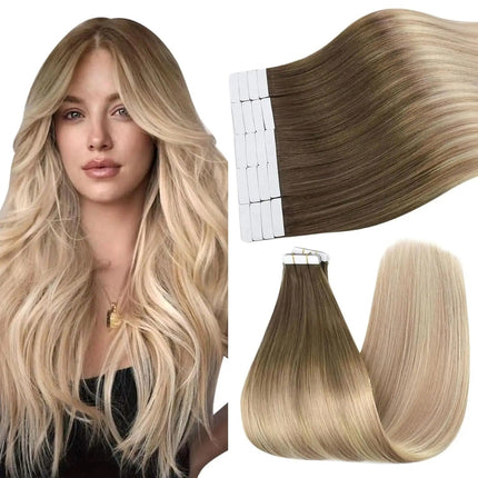 Extensions adhésives en cheveux naturels longs couleur blonde ombrée et châtain