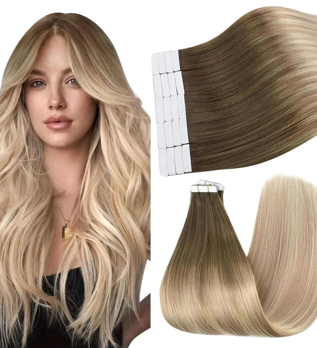 Extensions adhésives en cheveux naturels longs couleur blonde ombrée et châtain