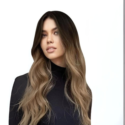 Extension longue ombrée en cheveux naturels avec fixation adhésive pour un style élégant.