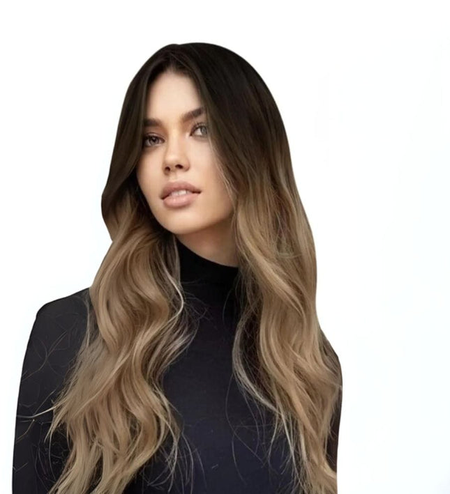 Extension longue ombrée en cheveux naturels avec fixation adhésive pour un style élégant.