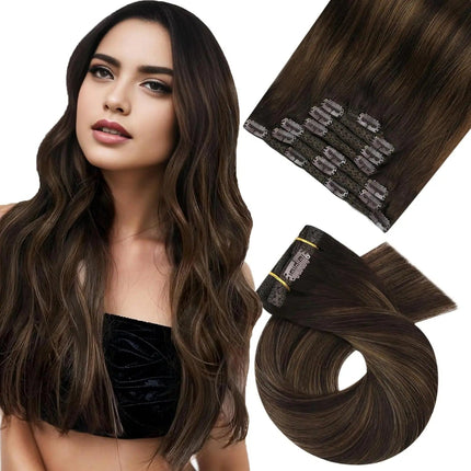 Extensions cheveux naturels clips bruns raides mi-longs pour look naturel et élégant