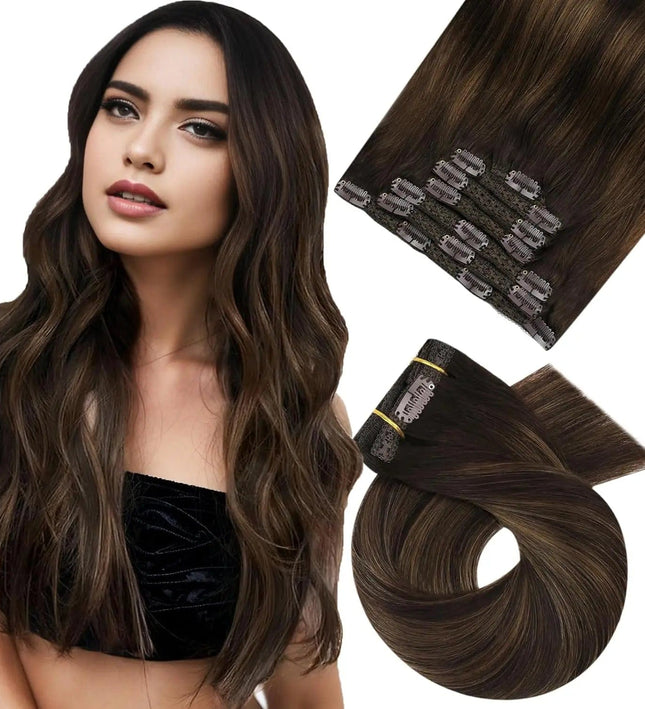 Extensions cheveux naturels clips bruns raides mi-longs pour look naturel et élégant