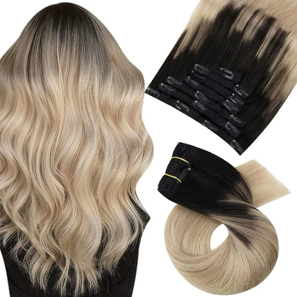 Extensions de cheveux ondulés ombré blond naturel avec clips pour un style élégant.