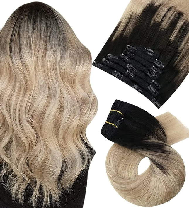 Extensions de cheveux ondulés ombré blond naturel avec clips pour un style élégant.