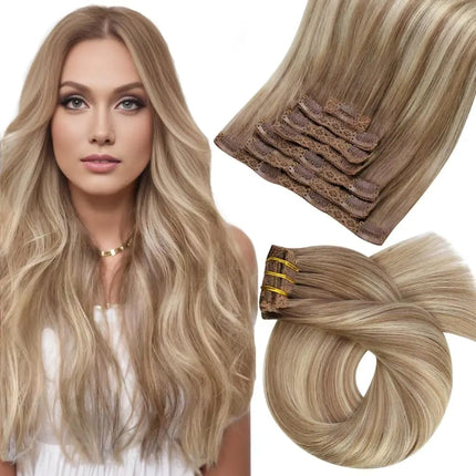 Extensions de cheveux naturels mi-longs raides à clips en blond cendré pour un look élégant