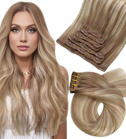 Extensions de cheveux naturels mi-longs raides à clips en blond cendré pour un look élégant