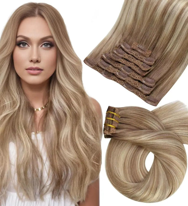 Extensions de cheveux naturels mi-longs raides à clips en blond cendré pour un look élégant