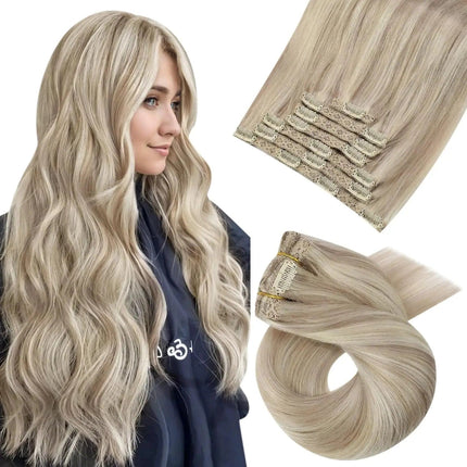 Extensions de cheveux naturels ondulés blond platine avec clips pour un look élégant