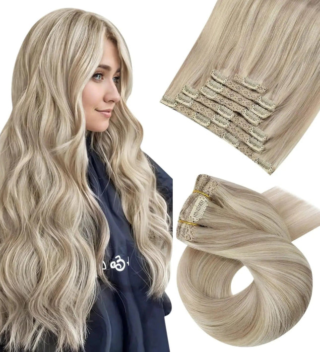 Extensions de cheveux naturels ondulés blond platine avec clips pour un look élégant