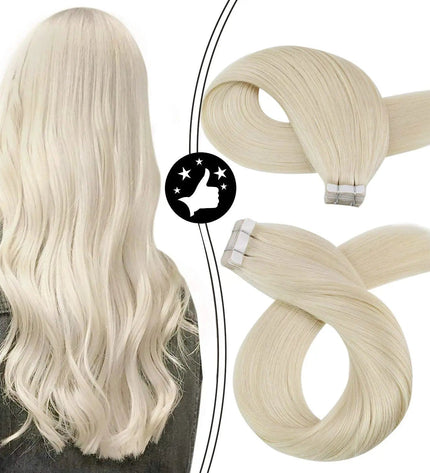 Extensions adhésives ondulées mi-longues couleur blonde platine naturelles et élégantes