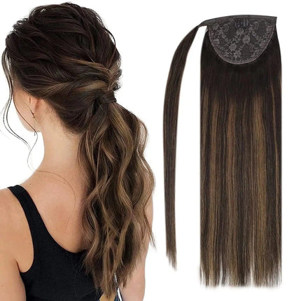 Extension de cheveux naturels brune pour une queue-de-cheval glamour longue et élégante