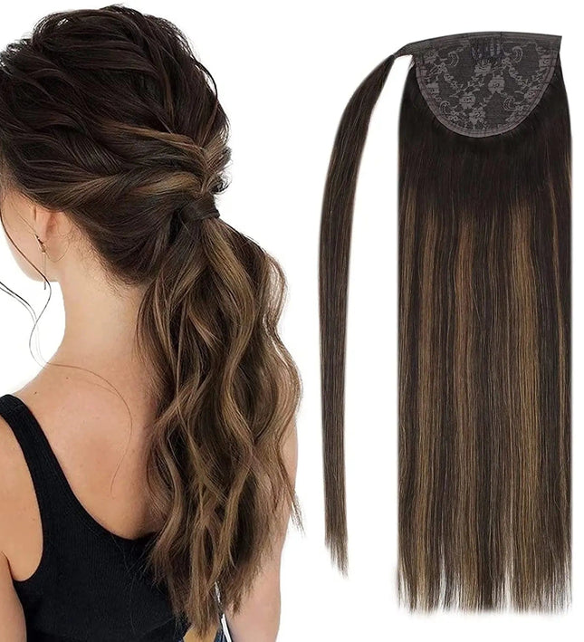 Extension de cheveux naturels brune pour une queue-de-cheval glamour longue et élégante