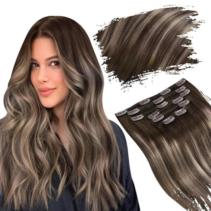 Extension capillaire à clip brun cendré pour un look naturel et élégant féminin.