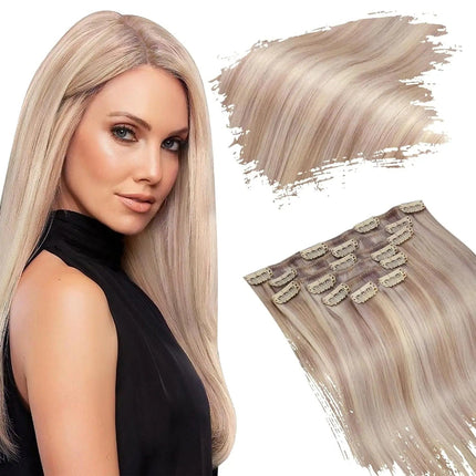 markdown
Extensions de cheveux clip-in lisses couleur blond platine pour un look naturel
