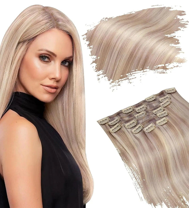 markdown
Extensions de cheveux clip-in lisses couleur blond platine pour un look naturel
