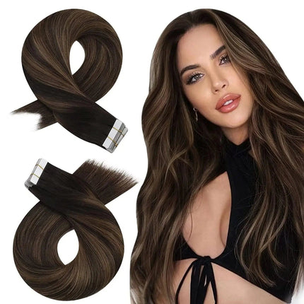 Extensions de cheveux naturels raides adhésives en brun chocolat pour un style élégant