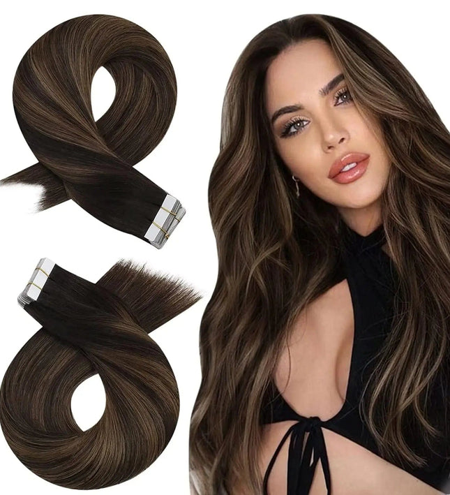 Extensions de cheveux naturels raides adhésives en brun chocolat pour un style élégant