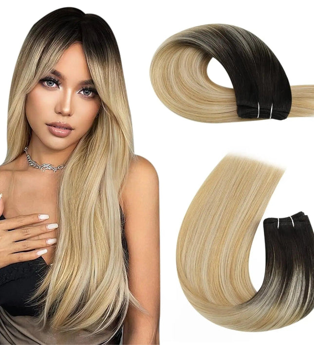 Extension de cheveux naturels lisses ombrés blonde pour un look élégant et moderne