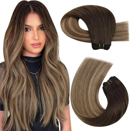 Extensions de cheveux naturels lisses ombrés brun et blond pour un look élégant et sophistiqué.