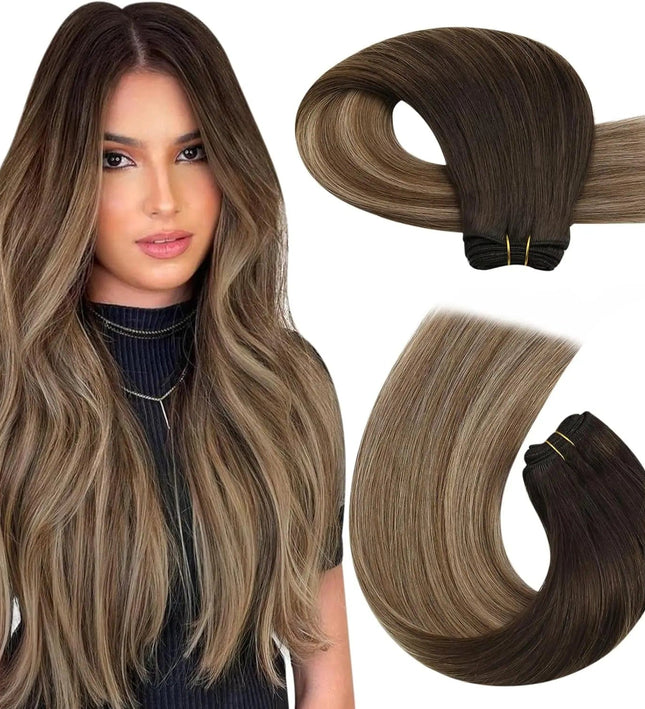 Extensions de cheveux naturels lisses ombrés brun et blond pour un look élégant et sophistiqué.