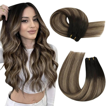 Extension de cheveux naturels ondulés ombrés brun pour un look chic et moderne.