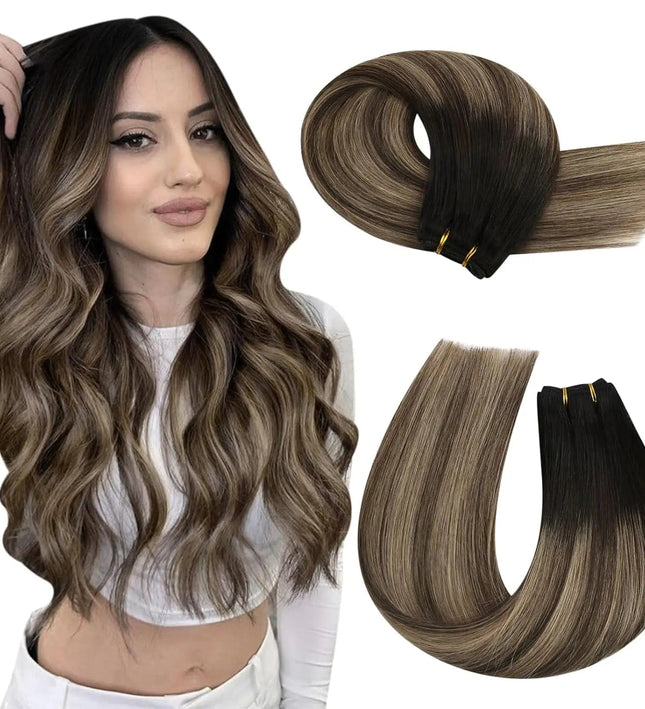 Extension de cheveux naturels ondulés ombrés brun pour un look chic et moderne.