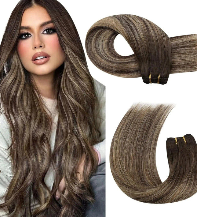 Extensions cheveux naturels longs et raides couleur brun clair pour look élégant et sophistiqué