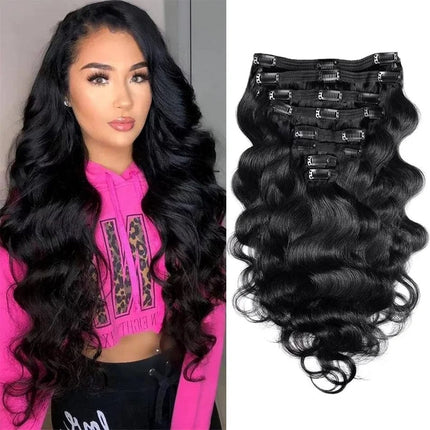 Extensions de cheveux naturels noirs ondulés à clips pour un look élégant et volumineux.