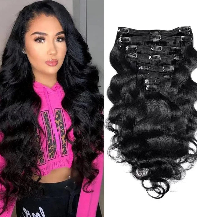 Extensions de cheveux naturels noirs ondulés à clips pour un look élégant et volumineux.