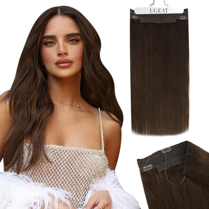 Extensions de cheveux naturels longs pour demi-tête en brun foncé, look naturel élégant.