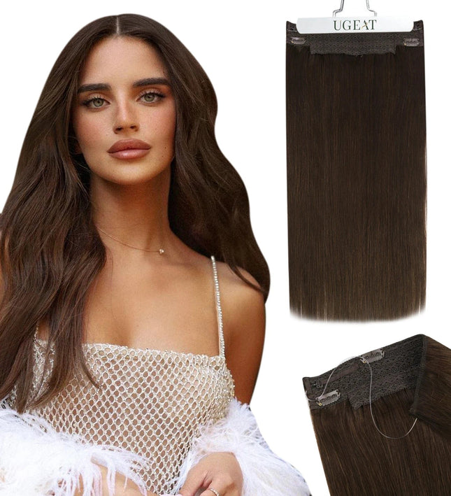 Extensions de cheveux naturels longs pour demi-tête en brun foncé, look naturel élégant.