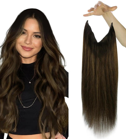 Extension invisible de cheveux naturels longs et brun foncé pour un look discret et élégant