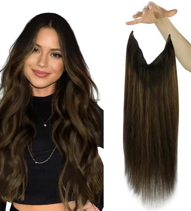 Extension invisible de cheveux naturels longs et brun foncé pour un look discret et élégant