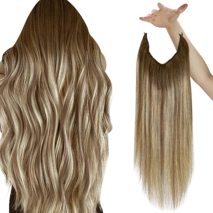 Extensions invisibles cheveux naturels ondulés couleur brune pour un look glamour.