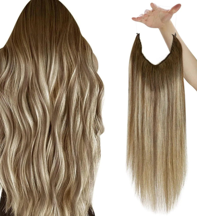 Extensions invisibles cheveux naturels ondulés couleur brune pour un look glamour.