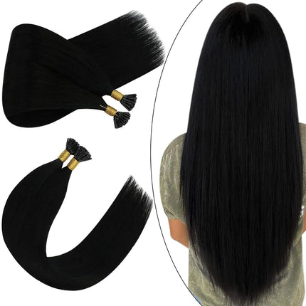 Extensions naturelles kératine cheveux noirs longs et lisses pour un look élégant et soyeux