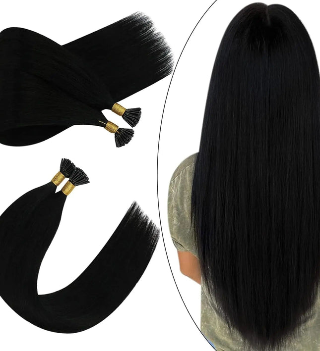 Extensions naturelles kératine cheveux noirs longs et lisses pour un look élégant et soyeux