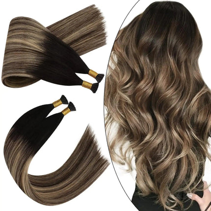 Extensions kératine longues balayage brun pour look naturel et élégant cheveux humains